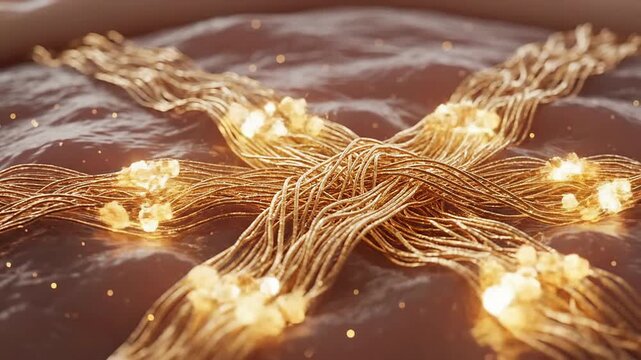 Intricate Golden Threads Woven Across a Soft Glistening Surface in Abstract Close-Up View for Luxury and Technology Concepts