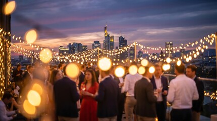 Obraz na płótnie Canvas Group of professionals socializing at evening rooftop party with glowing string lights and blurred city skyline background for corporate event and luxury business networking