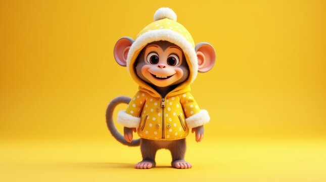 Adorable baby monkey character wearing yellow winter jacket, cute cartoon primate in warm hoodie, cheerful animal mascot on yellow background