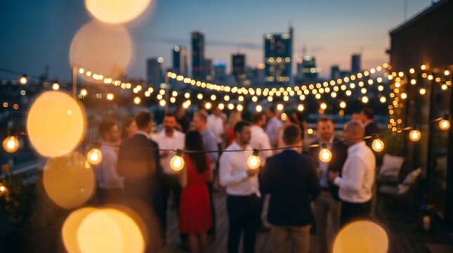 Professional group socializing on rooftop terrace at dusk with warm string lights and blurred city skyline background for elegant business networking and evening celebration