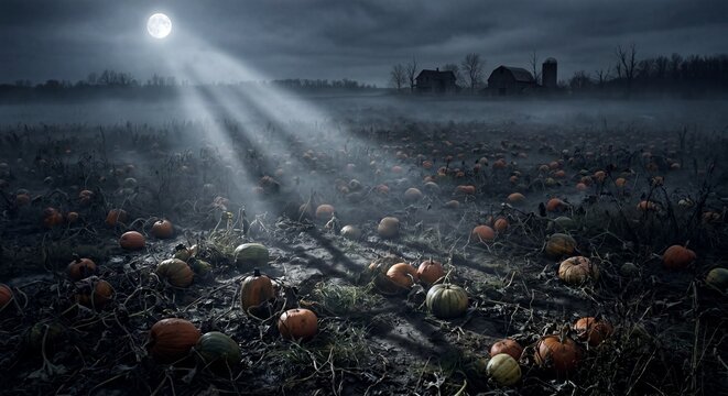 Wide cinematic drone shot of dark misty pumpkin patch at deep twilight