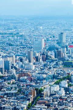 Endless urban sprawl and dense residential housing lines in Tokyo, Japan.