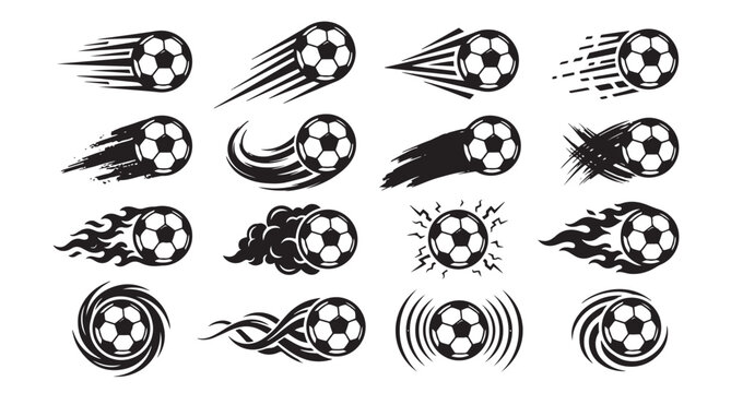 Set of dynamic soccer ball in motion illustration vector featuring Speed effects and kicks for football icons, sports Graphics athletic designs