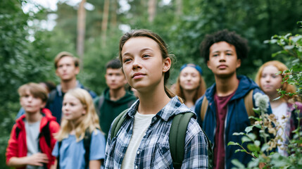 Fototapeta premium Diverse school students exploring nature together in a vibrant forest setting during a sunny afternoon Generative AI