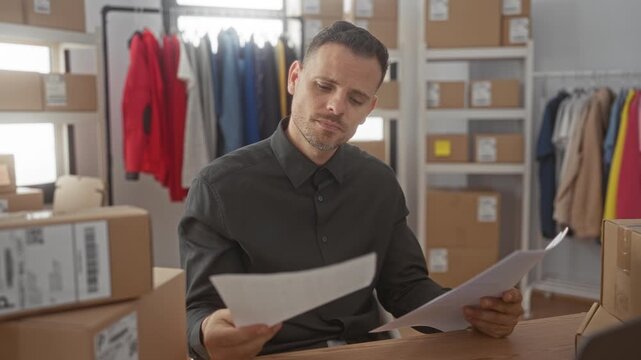 Man reading invoices at a packing desk among stacked shipping boxes and clothing racks in a building; concern planning inventory.