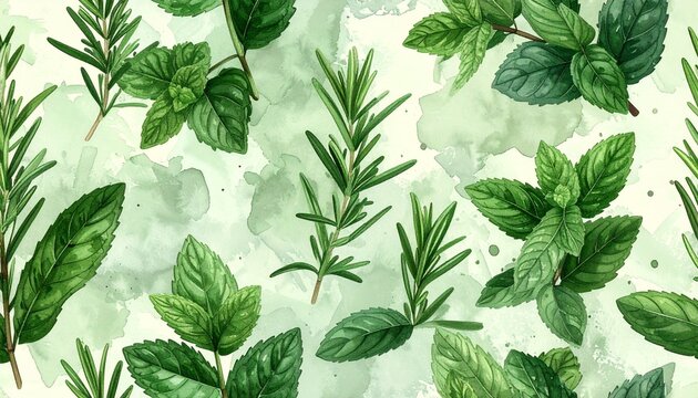 Seamless garden herb pattern with rosemary and mint leaves in fresh organic vector style