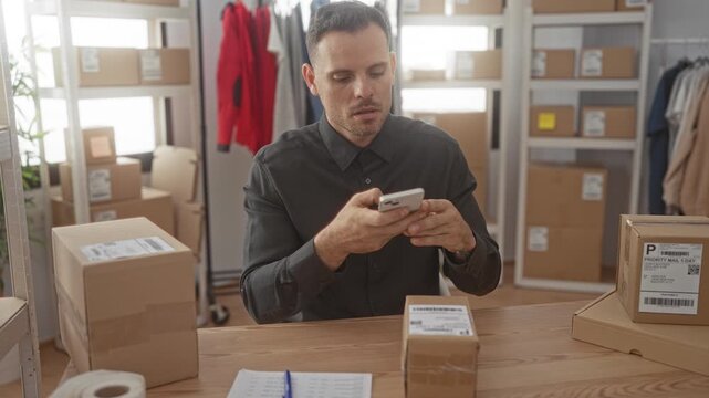 Man taps smartphone with hands while checking shipping labels and packing boxes at a table inside a building; focused productivity.
