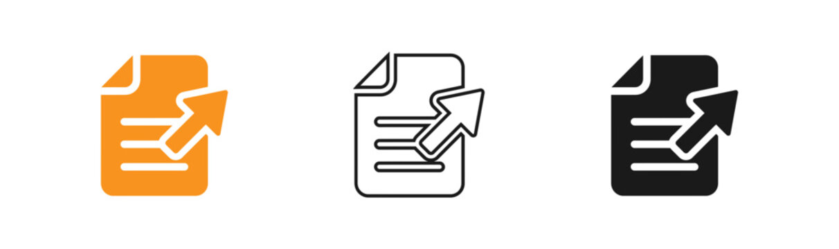 Document upload icon set color outline and solid black versions for digital interfaces