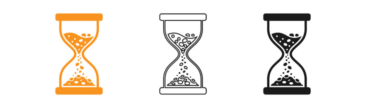 Three hourglass icons in orange black and white line art styles