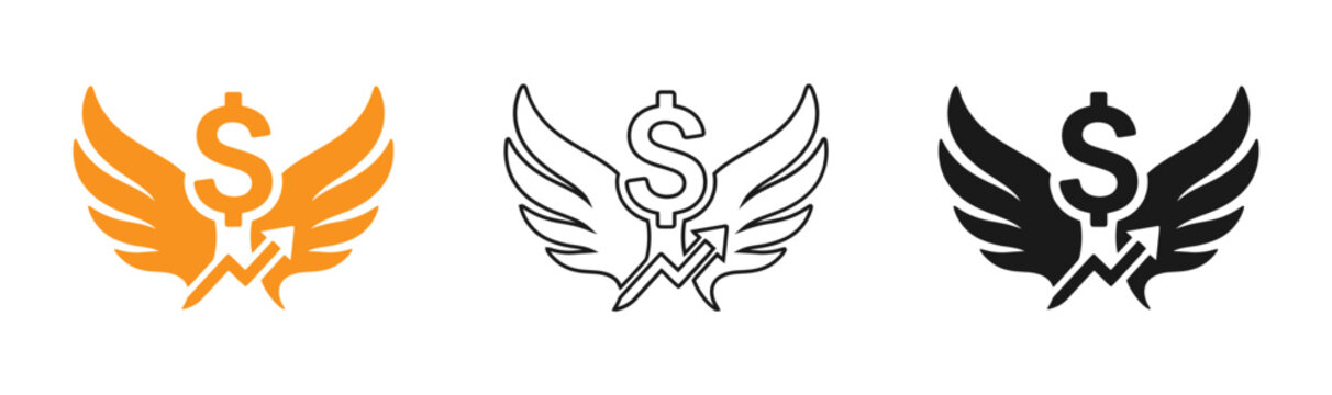 Three variations of a winged dollar sign and initial 'm' logo design for finance or investment brands