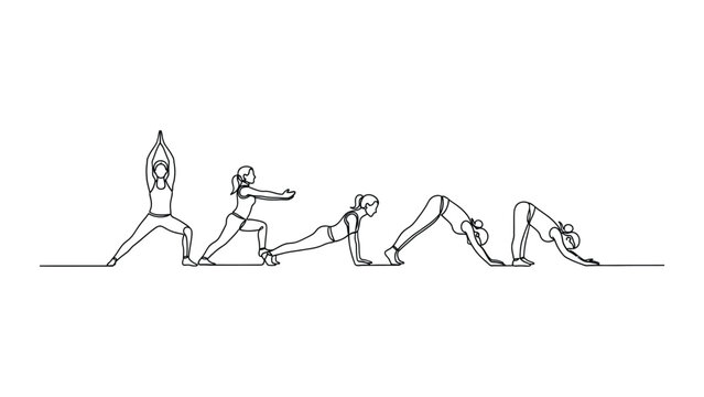 Continuous line drawing of a woman performing a yoga flow sequence.