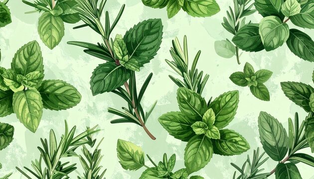 Fresh green rosemary and mint leaves seamless pattern in organic vector style illustration