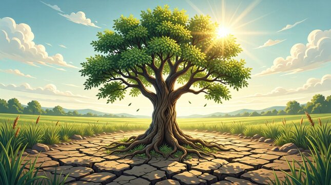 Majestic tree stands firm in cracked earth. Sun glows warmly above lush green canopy. Calm sky holds soft clouds and gentle breeze. Roots spread wide, anchoring life in dry soil
