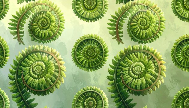 Seamless fern spiral pattern with organic fiddlehead leaf motifs on light background
