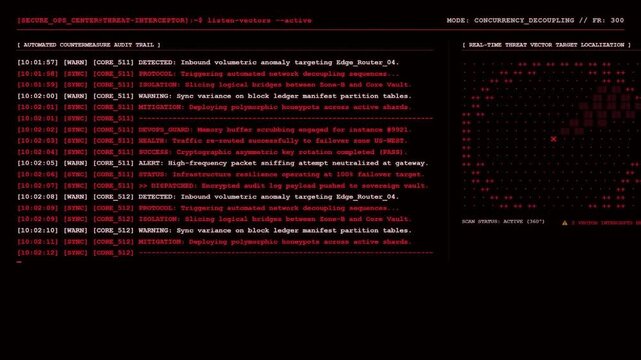 Cyber Security Threat Interceptor Terminal Red Warning Command Interface Screen.