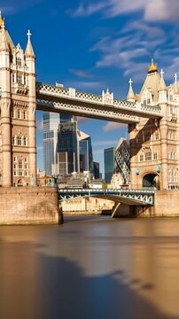 Tower Bridge in London, UK, United Kingdom. Time lapse in vertical video