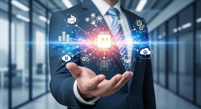 Business professional holding glowing digital network sphere in modern office corridor