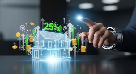 Obraz premium Hand pointing to 25 percent growth on digital real estate investment hologram