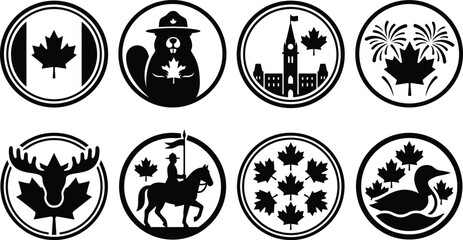 Canada symbols icons set with maple leaf, beaver, moose, and more ©  vector icon