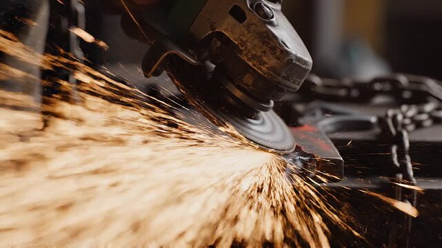 Close-up of Angle Grinder Cutting Metal with Sparks Flying
