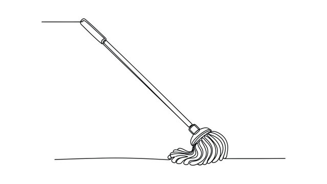 Continuous one line drawing of a mop cleaning floor.