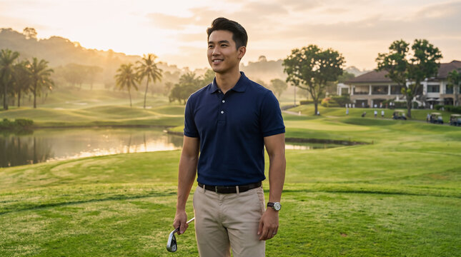 Man standing on a golf course at sunrise, holding a golf club, with lush green fairways and trees in the background.