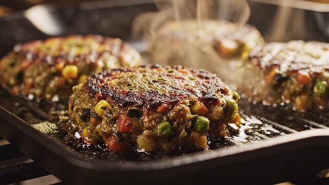 Thick vegetable patties searing on a hot grill pan