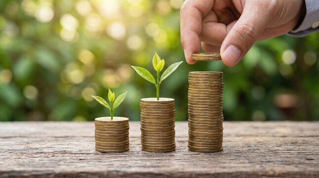 Hands placing coin on stacked gold coins with growing plants, symbolizing financial growth and investment success
