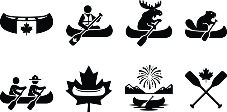 Canadian canoeing and kayaking illustrations with moose beaver and maple leaf