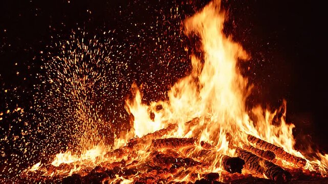 Intense bonfire with bright flames and flying glowing sparks