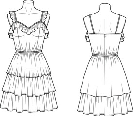 Women fashion dress flat sketch vector illustration featuring tiered ruffle skirt sleeveless bodice and frill strap details for apparel design and garment technical drawing © MdAbdur