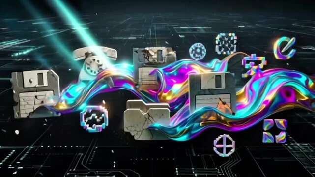Abstract Cyber Glitch Background with 3D Retro Technology Elements and Liquid Metallic Wave