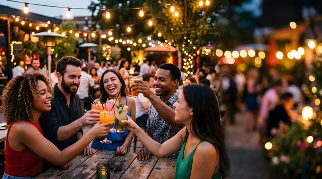 Diverse friends toasting with cocktails at an outdoor evening party
