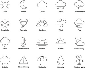Fototapeta premium Clean Weather Icons with Forecast, Storm and Climate Elements in Outline Style