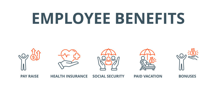 Employee benefits banner web icon vector illustration concept with icon of pay raise, health insurance, social security, paid vacation and bonuses 
