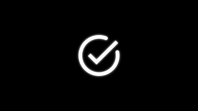 Animation of white glow check mark icon  on black background,approved tick mark,with alpha channe,Correct Tick Sign Approval Success, right check mark,4k