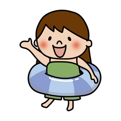 水着で浮き輪を持っている元気で明るい子供（女の子） © てがきっず