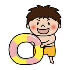 水着で浮き輪を持っている元気でやんちゃな子供（男の子） © てがきっず
