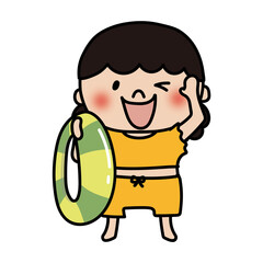 Naklejka premium 水着で浮き輪を持っているふわふわの天パの子供（女の子）