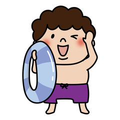 水着で浮き輪を持っているぽっちゃりした天パの子供（男の子） © てがきっず