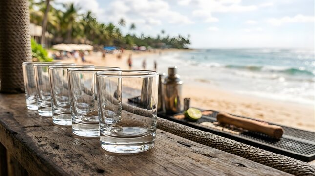Empty glasses arranged on a rustic beach bar counter overlooking the ocean