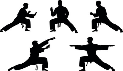 Black silhouettes of karate martial arts fighters practicing various defensive stances and training positions isolated on a white background © BIPUL