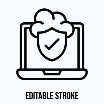 Laptop And Cloud Security Icon, Isolated Line Vector Icon, Editable Stroke. 