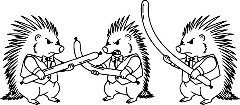 Formal hedgehogs engaging in balloon sword fight