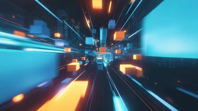 Abstract digital tunnel with glowing blue and orange cubes data flow futuristic network