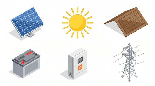 isometric icon items isolated on white background solar panel sun ray roof mount battery pack inverter box power line