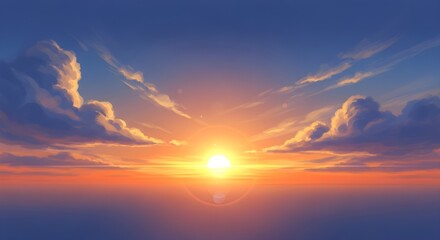 Obraz premium Digital art illustration of a serene sunset over the ocean with soft clouds and a glowing sun