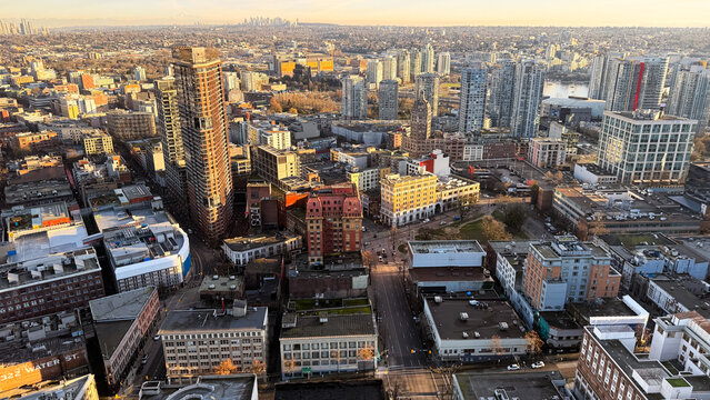 Aerial view of Gastown and Downtown Eastside Vancouver at golden hour