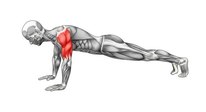 Anatomical illustration of a human body in plank position highlighting the biceps and triceps muscles in red, isolated on white background