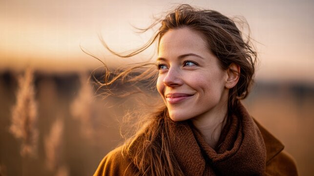 Smiling woman enjoying the golden hour outdoors